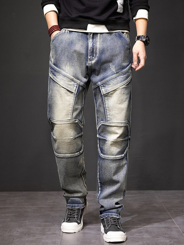 Men's Multi Pocket Workwear Distressed Yellow Jeans