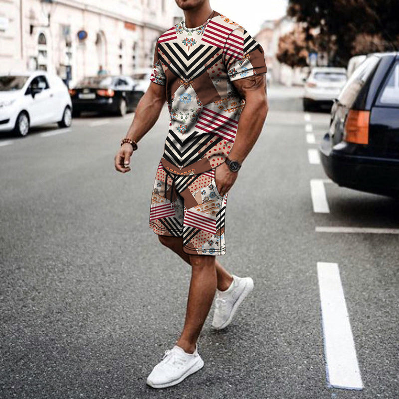 Fashion Trend Men's Short Sleeve Suit Striped Print Plus Size