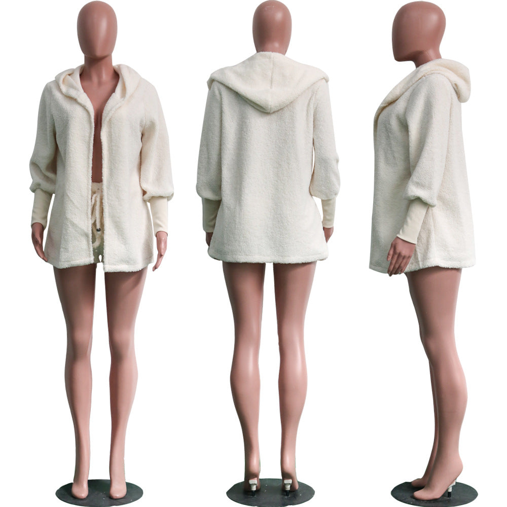 Adogirl Women Fleece Plush Casual Two Piece Set Long Sleeve Hooded Cardigan Coat Autumn Winter Outwear  Shorts Fashion Outfits