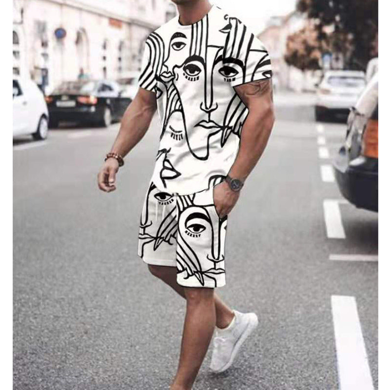 Fashion Trend Men's Short Sleeve Suit Striped Print Plus Size